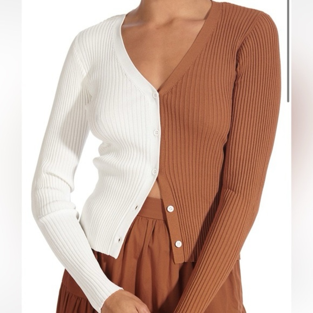 STAUD White and Brown Ribbed Cardigan